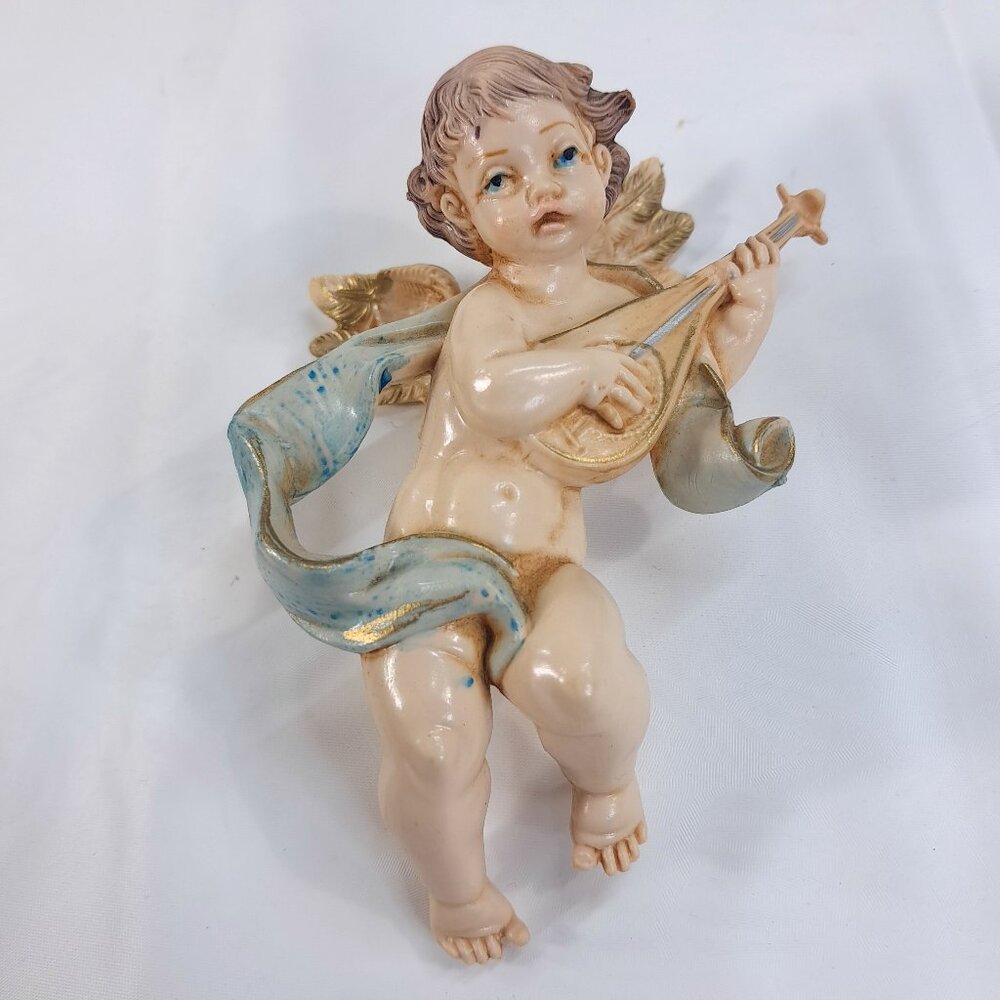 Vintage FONTANINI‎ Depose Italy Cherub Angel Christmas Ornament Mandolin blue